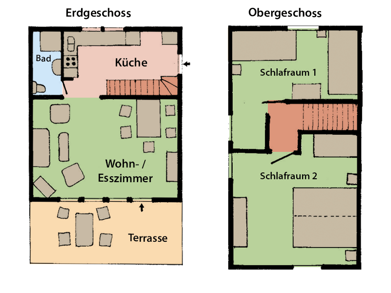 Grundriss der 5 Ferienhäuser im Wendland vom Ferienhof Gauster. Einmalig aufgebaute Ferienhäuser im Rundling